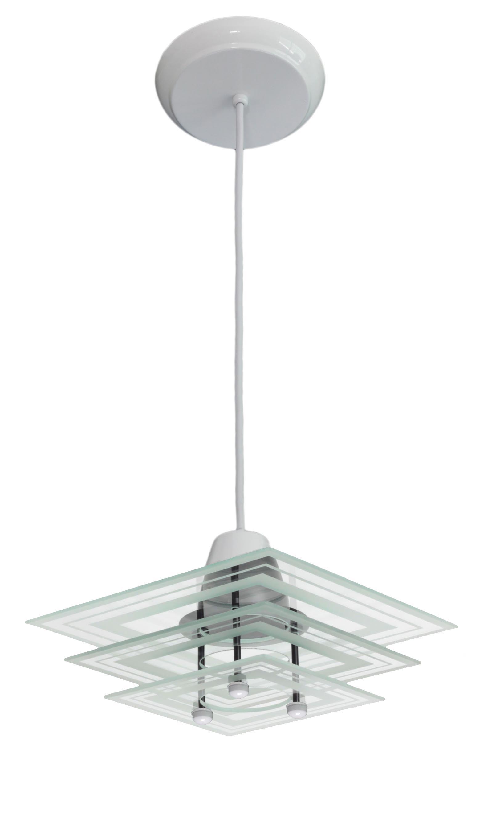 Lustre Square Branco Cabo PP Com 3 Vidros Quadrados Foscos Com Borda Filetada