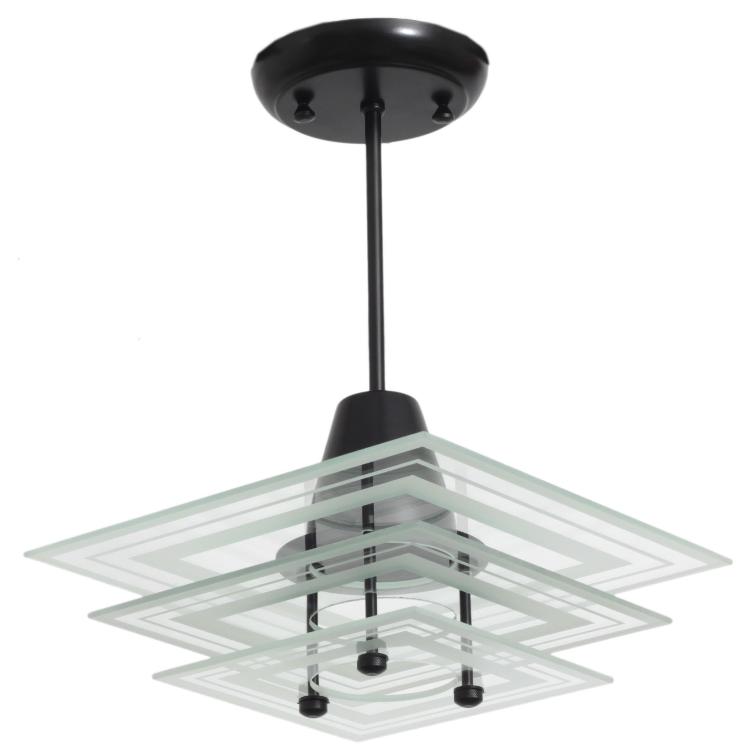 Lustre Square Preto Stick Com 3 Vidros Quadrados Foscos Com Borda Filetada